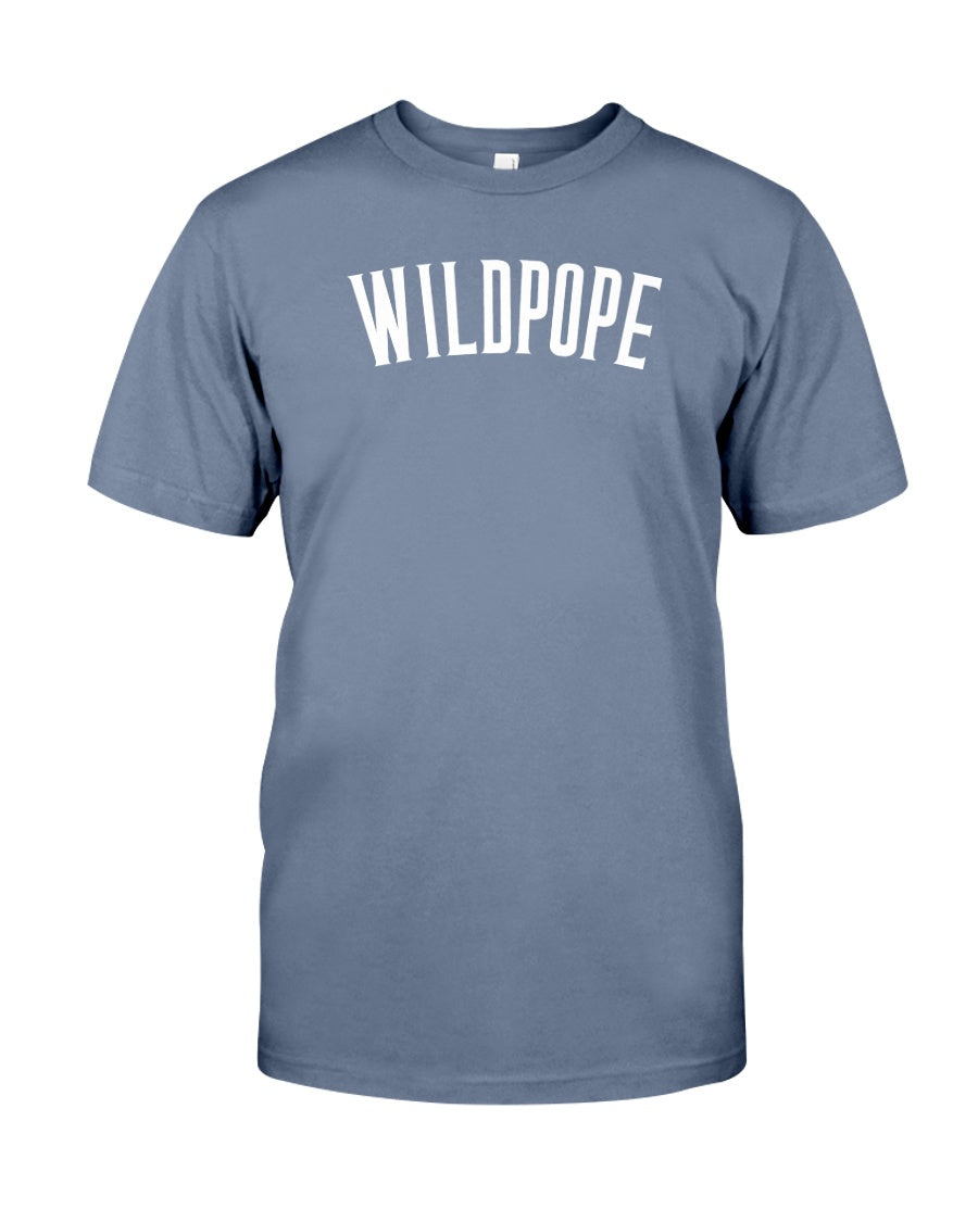 "Wildpope" t shirt (in medium blue color) celebrating Pope Leo XIV, a Villanova Wildcat