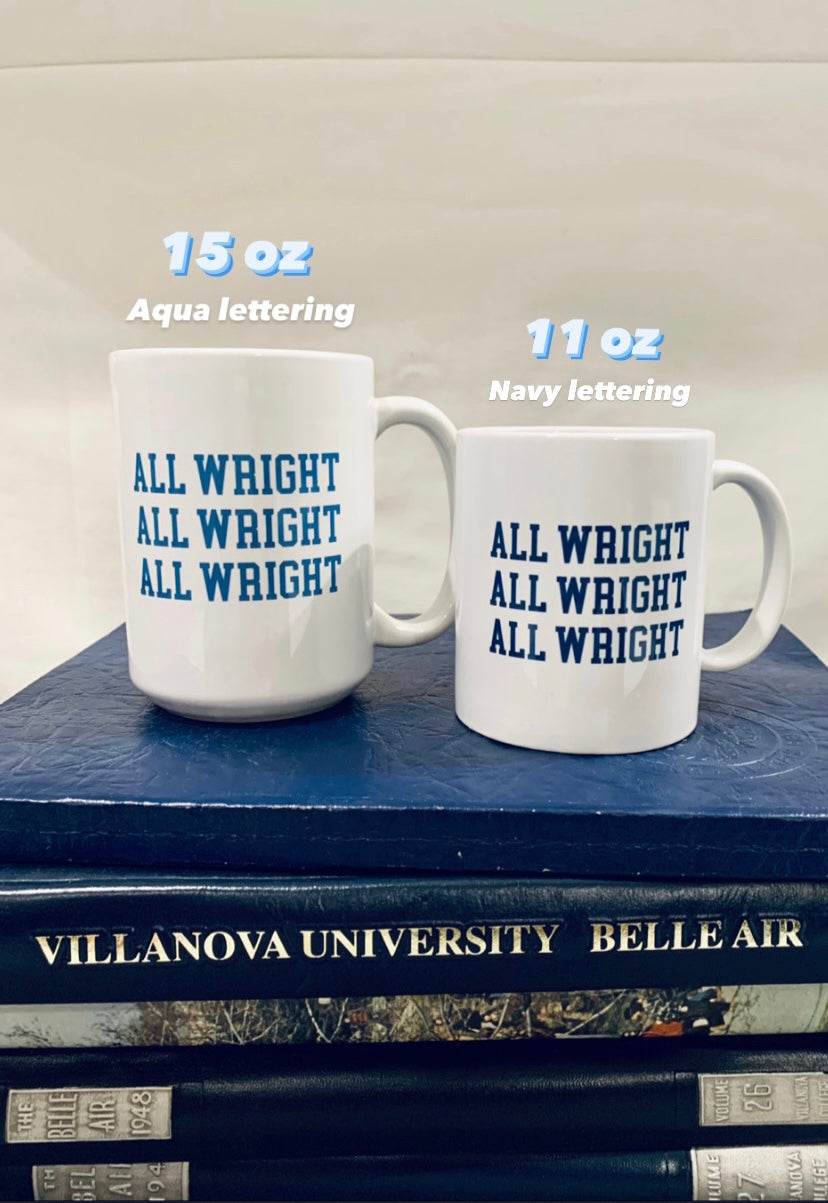 Picture of 2 "All Wright" Villanova mugs, comparing sizes and letter colors
