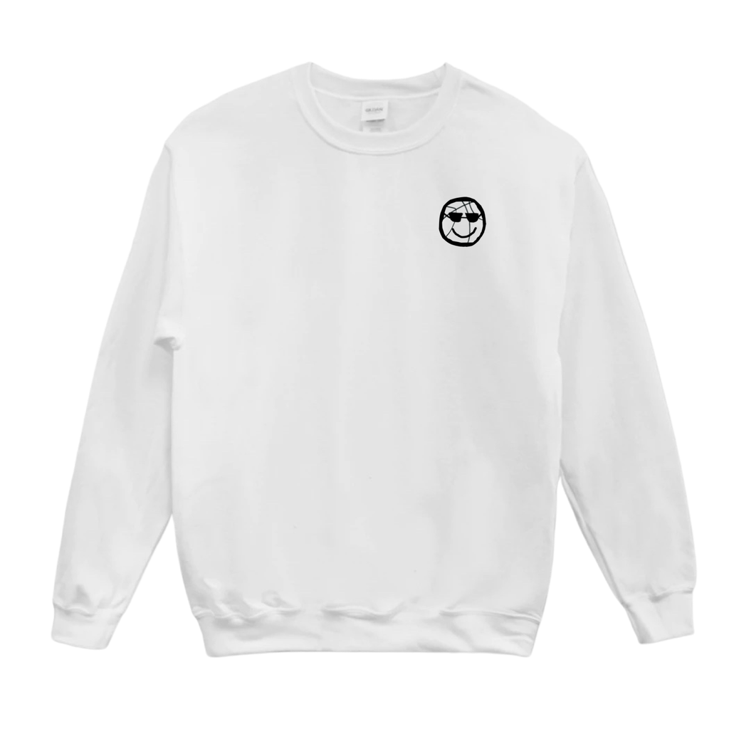 Front of white crewneck with the Field Daze smiley face basketball logo (in black and white) in the left chest corner