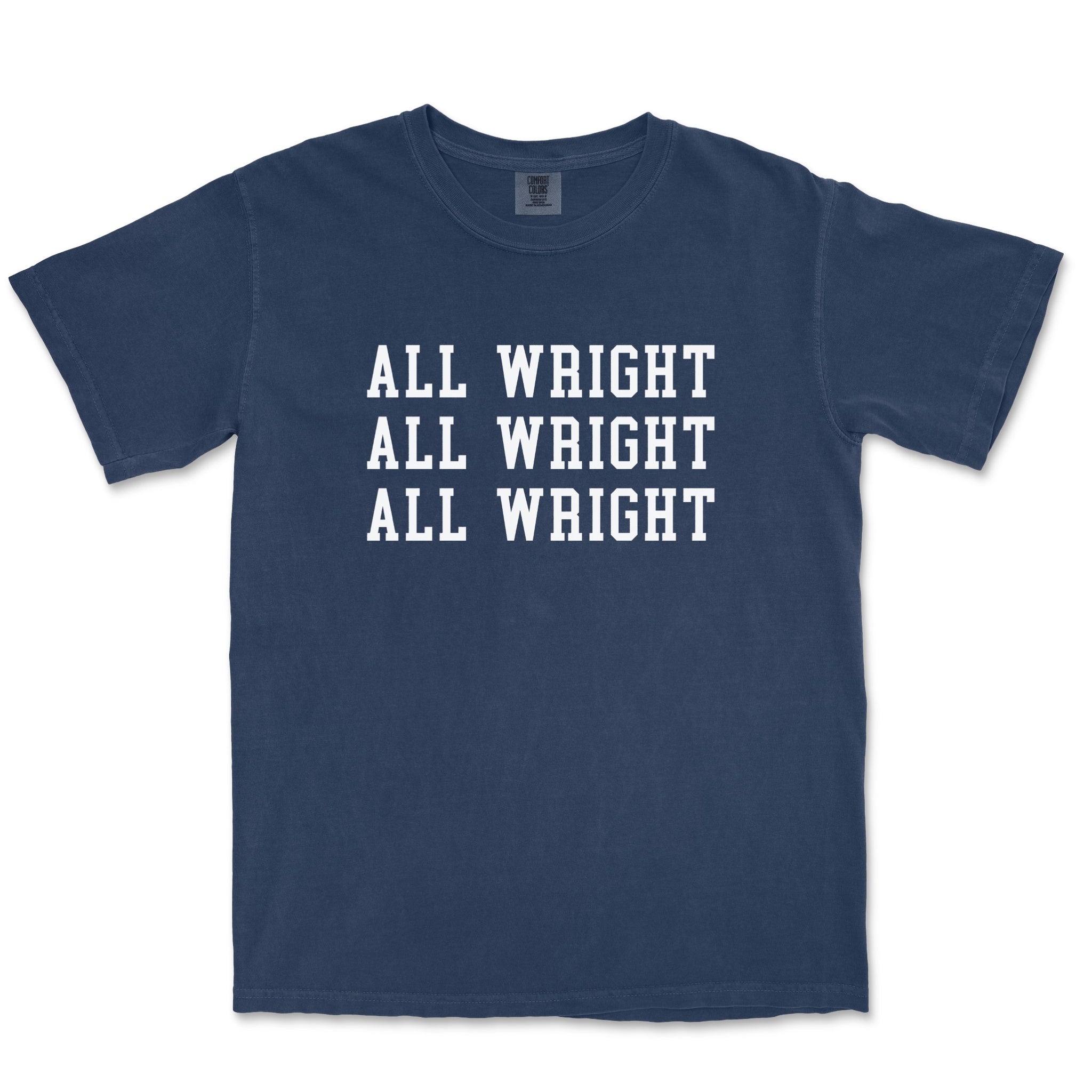 Villanova Basketball fan shirt for Coach Jay Wright saying "ALL WRIGHT ALL WRIGHT ALL WRIGHT" in white letters on navy shirt